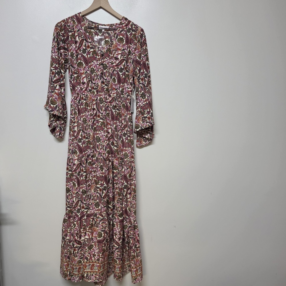Anthropologie Boemo Boho Paisley V-neck Maxi Dress Bell Sleeve B630 Pink L NEW
